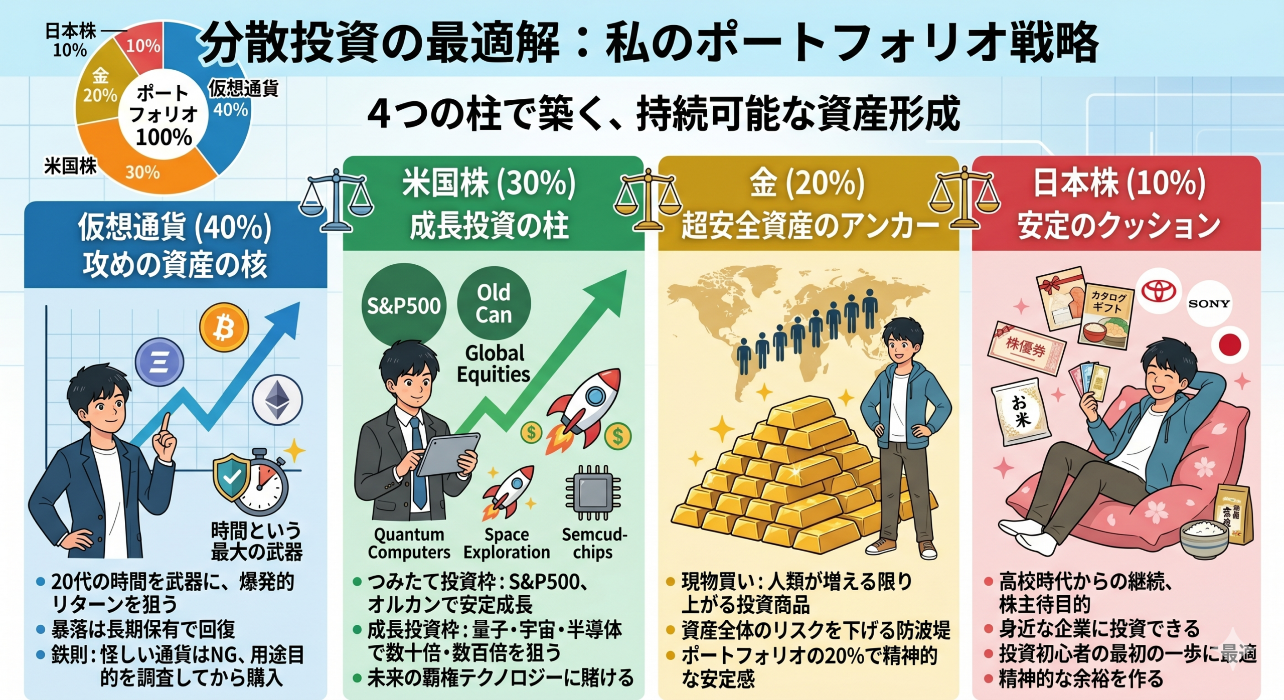 よいしょ先生のポートフォリオ戦略｜仮想通貨・米国株・金・日本株の4分散投資