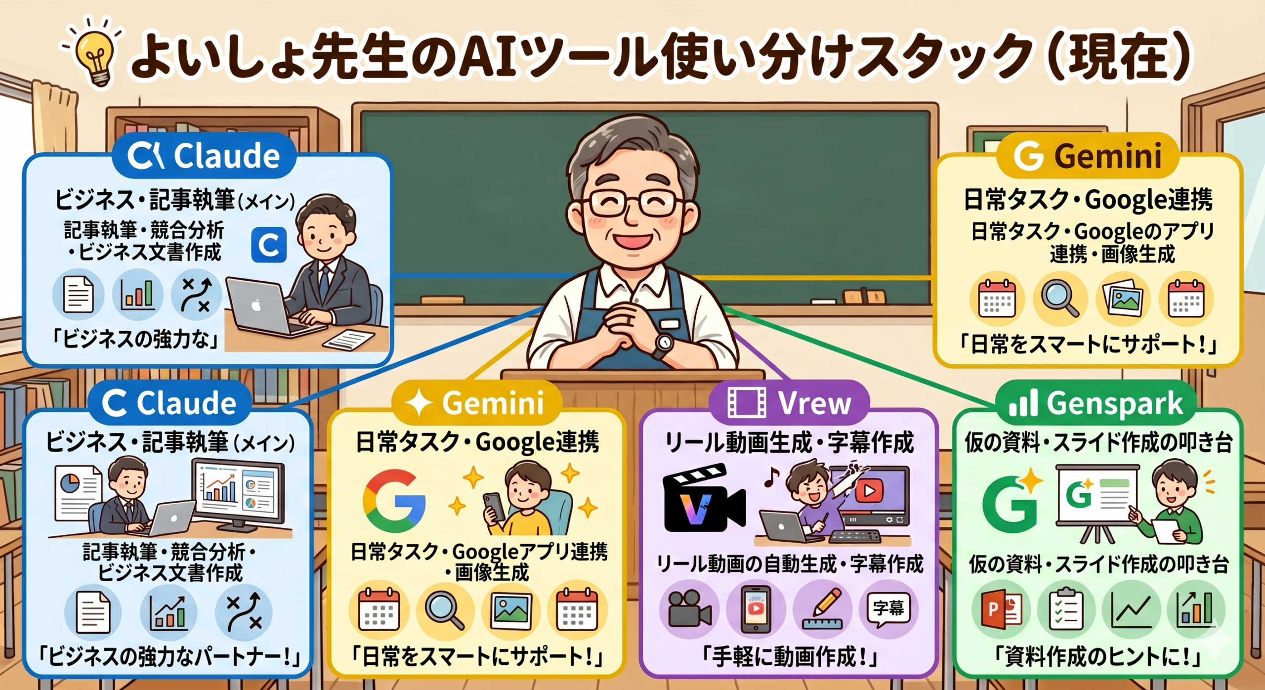よいしょ先生のAI使い分け｜Claude・Gemini・Vrew・Gensparkの活用スタック
