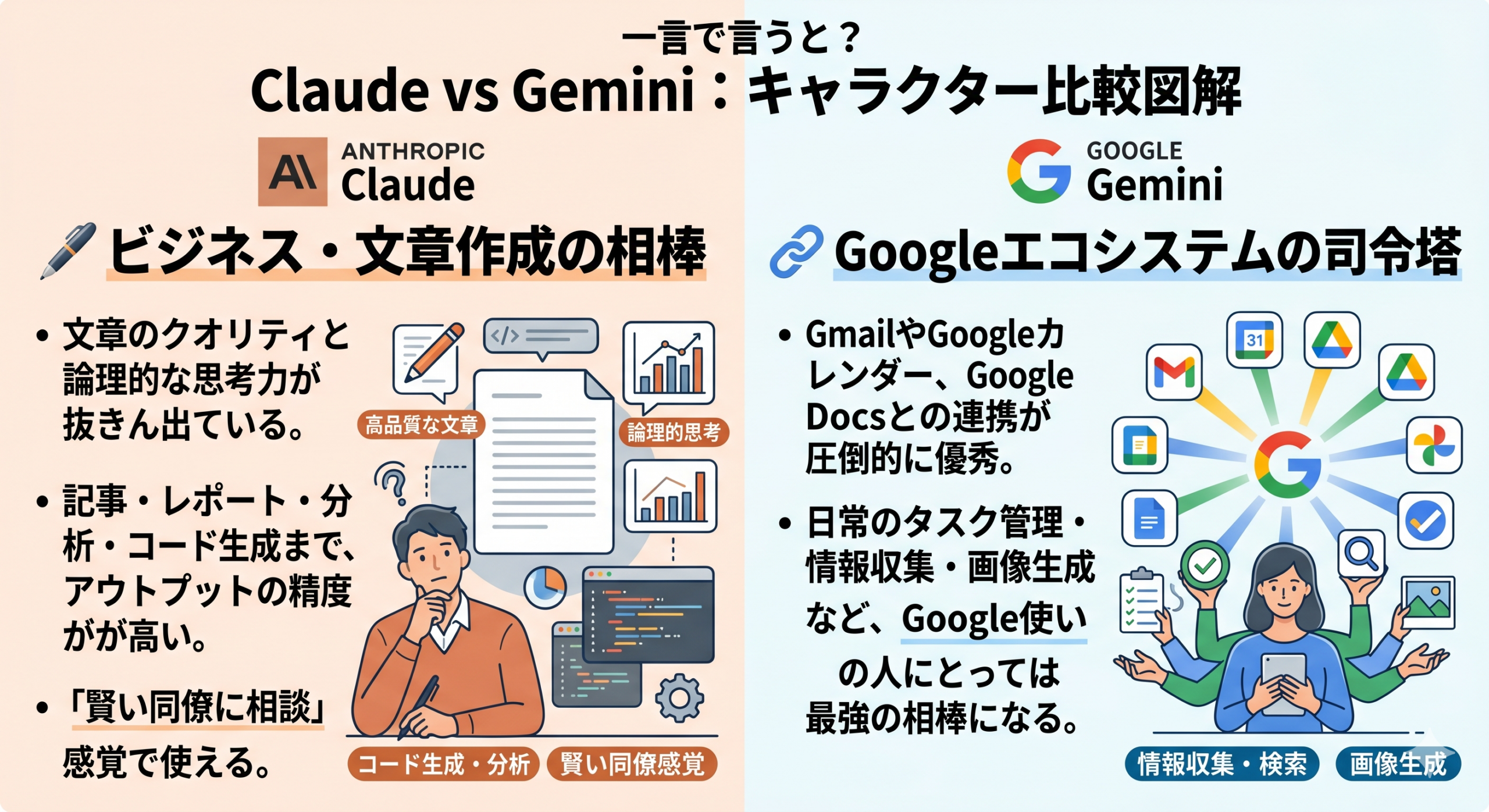 Claude vs Gemini キャラクター比較図解｜よいしょ先生