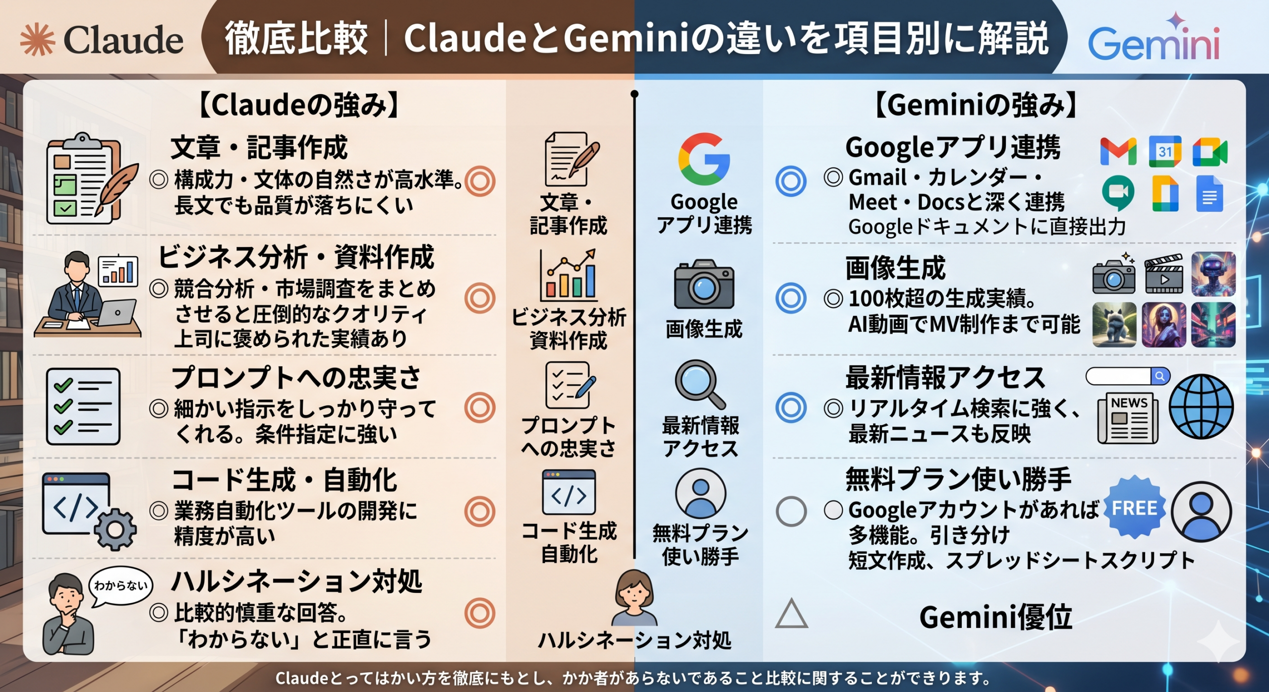ClaudeとGeminiの違いを徹底比較｜項目別スペック解説